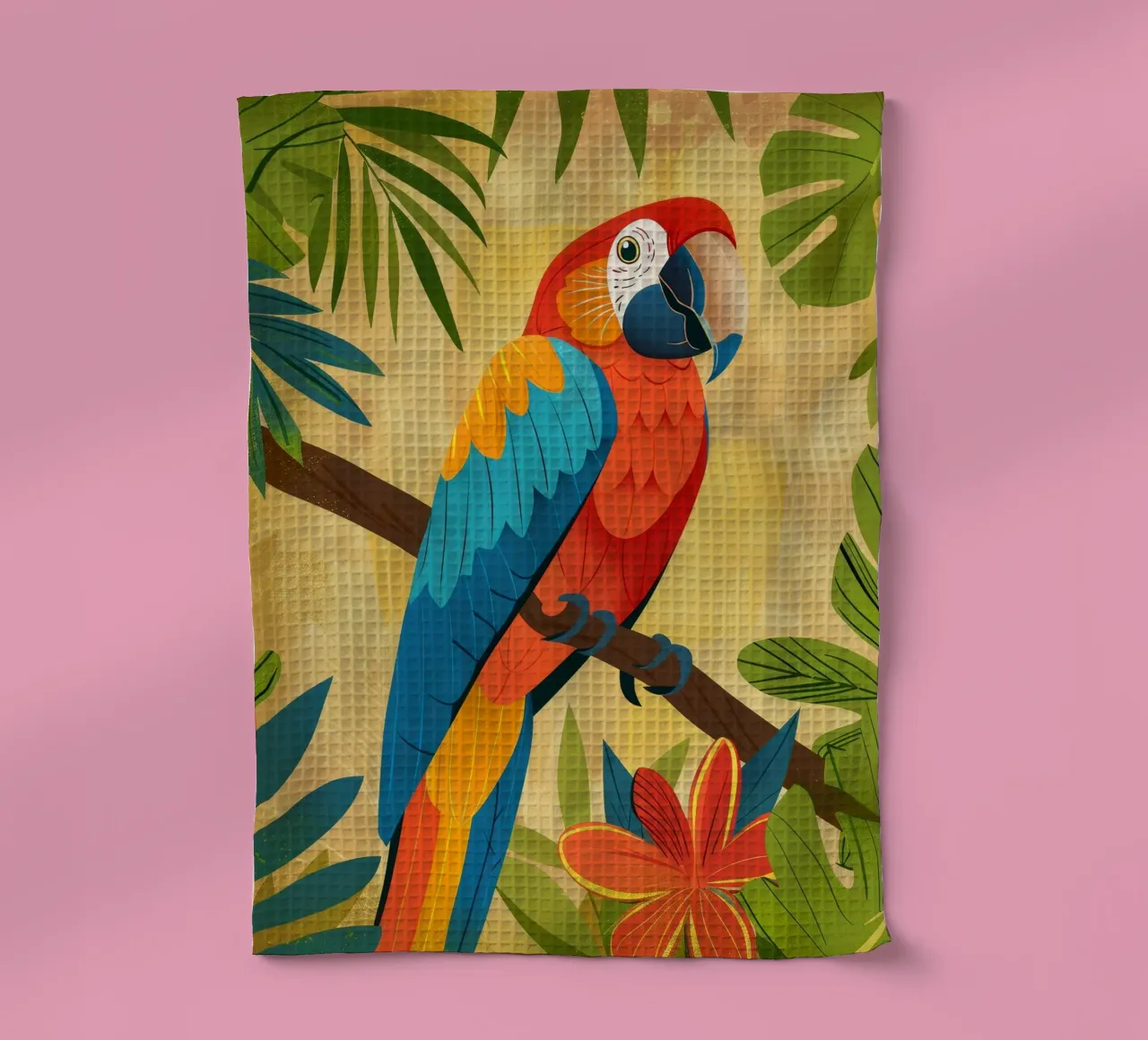 Ara variopinta appollaiata su un ramo circondata da piante tropicali canovaccio da cucina da DesignDoodle