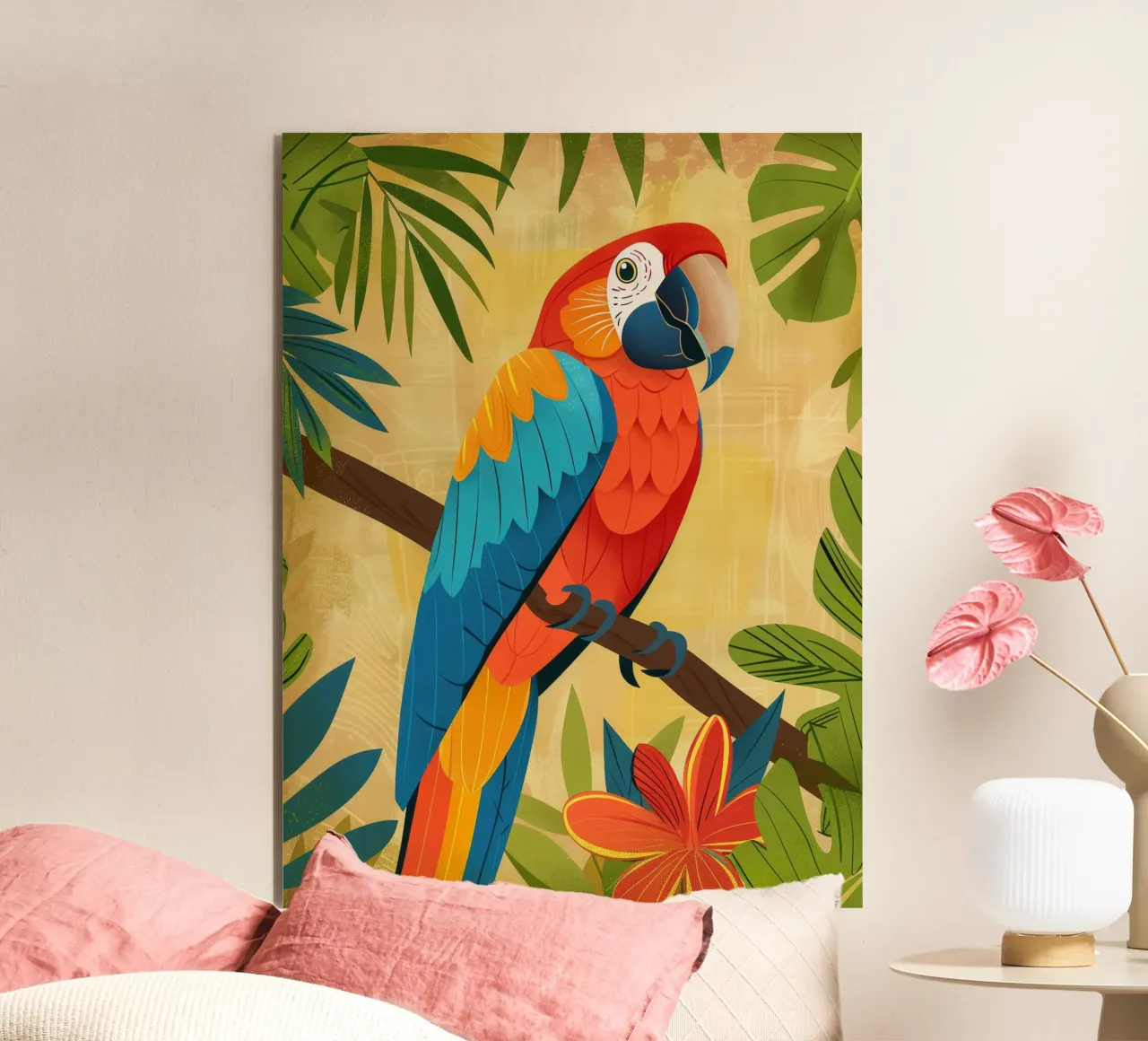 Ara variopinta appollaiata su un ramo circondata da piante tropicali alluminio dibond da DesignDoodle