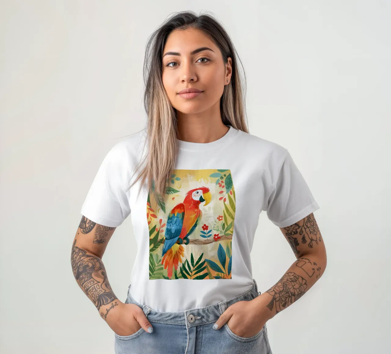 Pappagallo variopinto appollaiato tra il fogliame tropicale in un ambiente lussureggiante t-shirt da DesignDoodle
