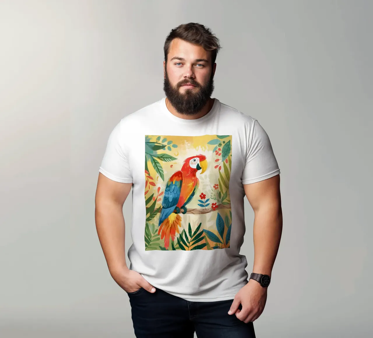 Pappagallo variopinto appollaiato tra il fogliame tropicale in un ambiente lussureggiante t-shirt da DesignDoodle