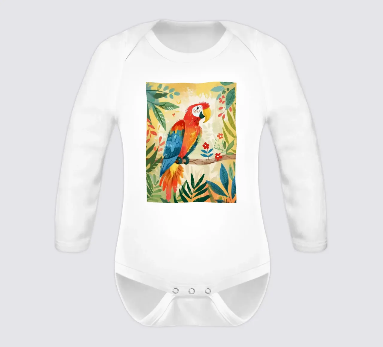 Pappagallo variopinto appollaiato tra il fogliame tropicale in un ambiente lussureggiante body neonato maniche lunghe da DesignDoodle