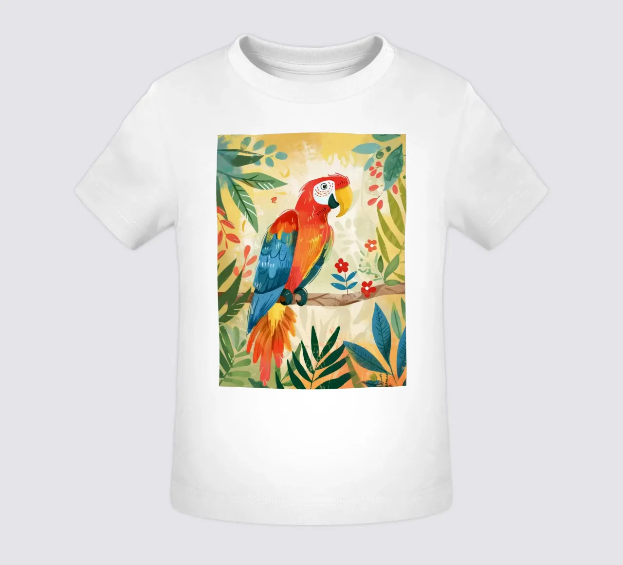 Pappagallo variopinto appollaiato tra il fogliame tropicale in un ambiente lussureggiante maglietta neonato da DesignDoodle