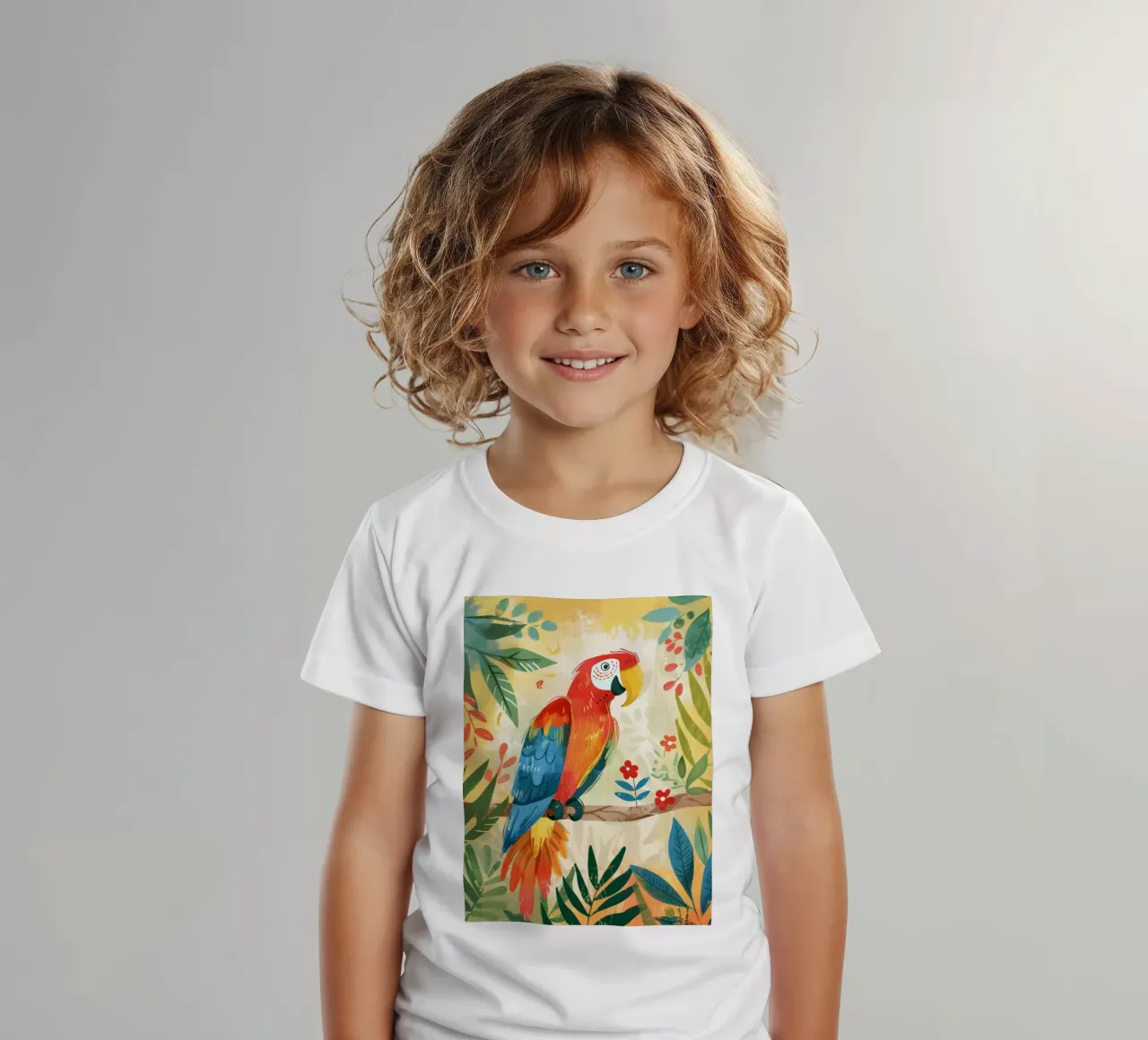 Pappagallo variopinto appollaiato tra il fogliame tropicale in un ambiente lussureggiante t-shirt bambini da DesignDoodle