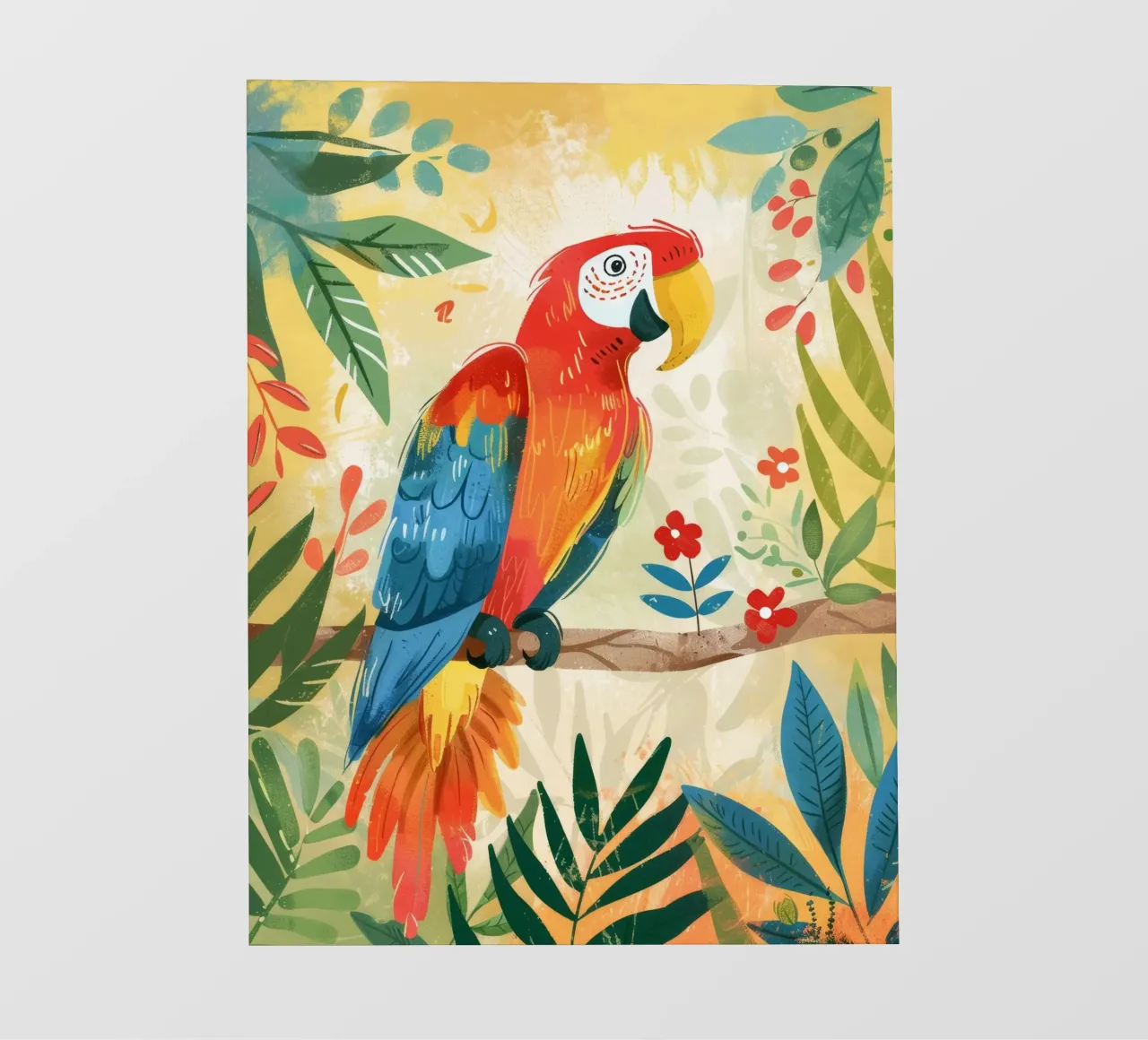Pappagallo variopinto appollaiato tra il fogliame tropicale in un ambiente lussureggiante pellicola backlit da DesignDoodle