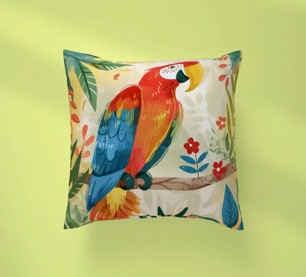 Pappagallo variopinto appollaiato tra il fogliame tropicale in un ambiente lussureggiante cuscino da DesignDoodle