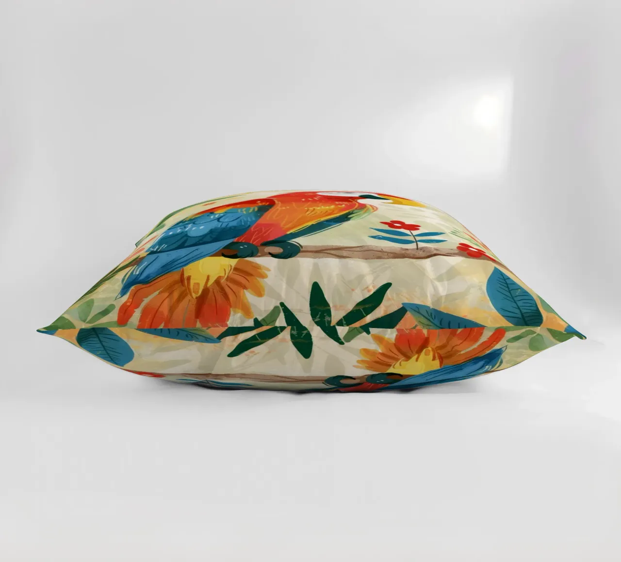 Pappagallo variopinto appollaiato tra il fogliame tropicale in un ambiente lussureggiante cuscino da DesignDoodle