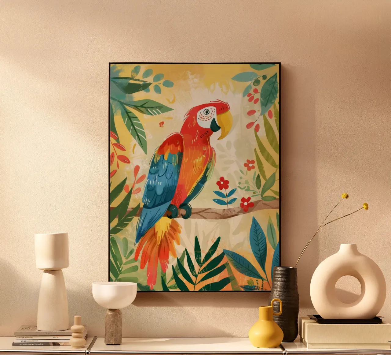 Pappagallo variopinto appollaiato tra il fogliame tropicale in un ambiente lussureggiante alluminio dibond da DesignDoodle