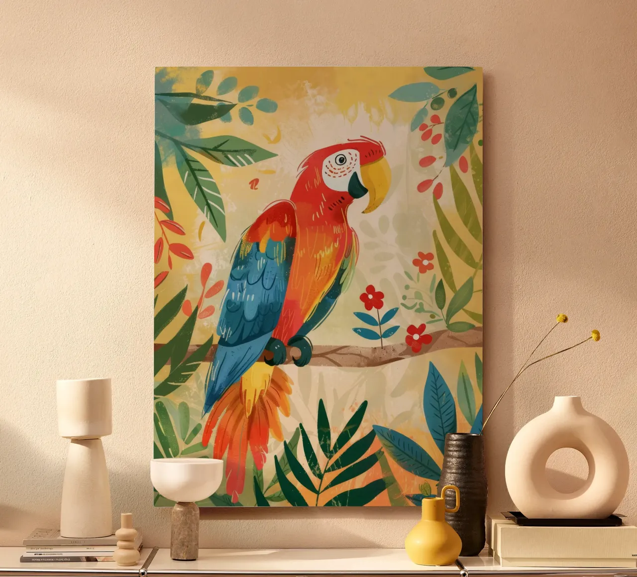 Pappagallo variopinto appollaiato tra il fogliame tropicale in un ambiente lussureggiante alluminio dibond da DesignDoodle