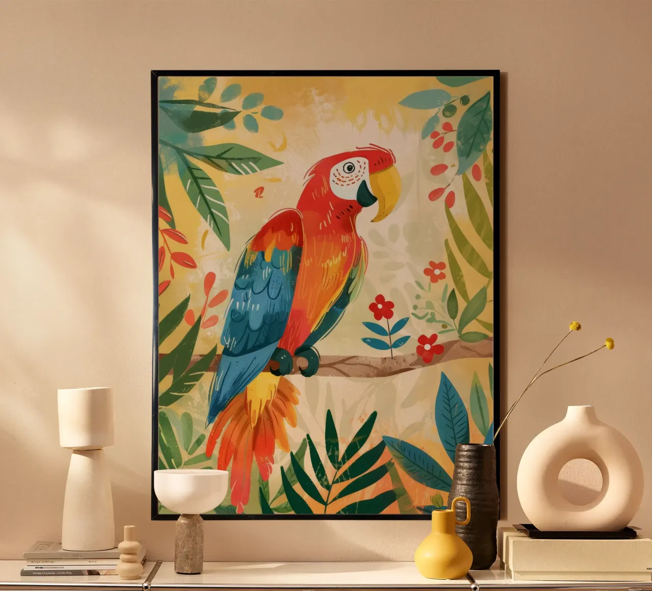 Pappagallo variopinto appollaiato tra il fogliame tropicale in un ambiente lussureggiante carta hahnemühle da DesignDoodle
