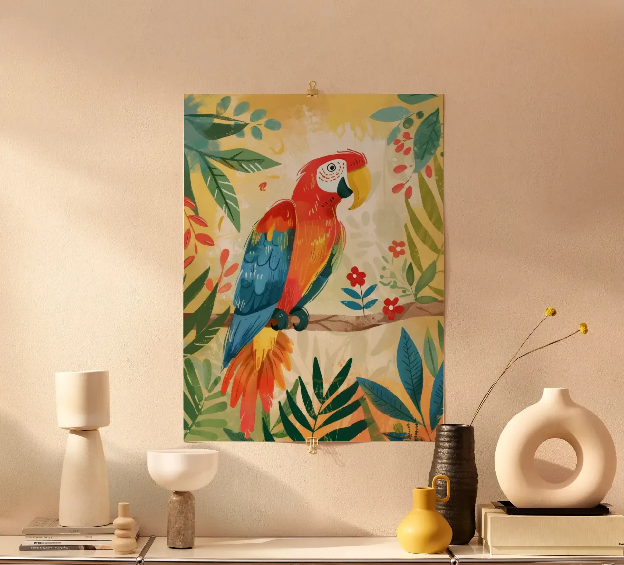 Pappagallo variopinto appollaiato tra il fogliame tropicale in un ambiente lussureggiante carta hahnemühle da DesignDoodle
