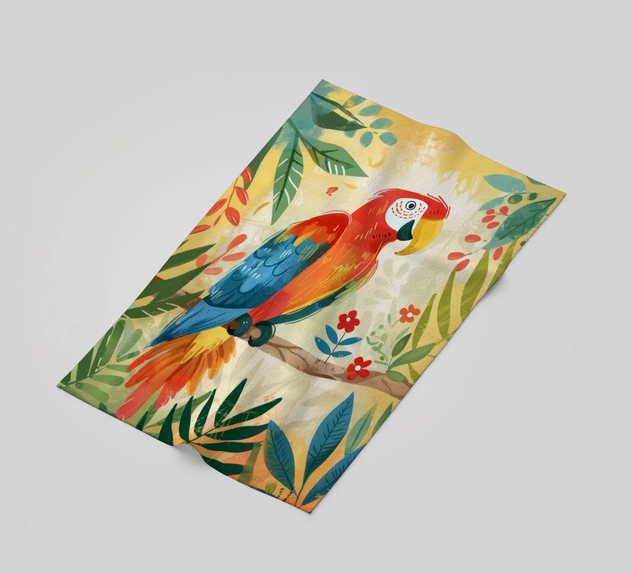 Pappagallo variopinto appollaiato tra il fogliame tropicale in un ambiente lussureggiante telo mare da DesignDoodle