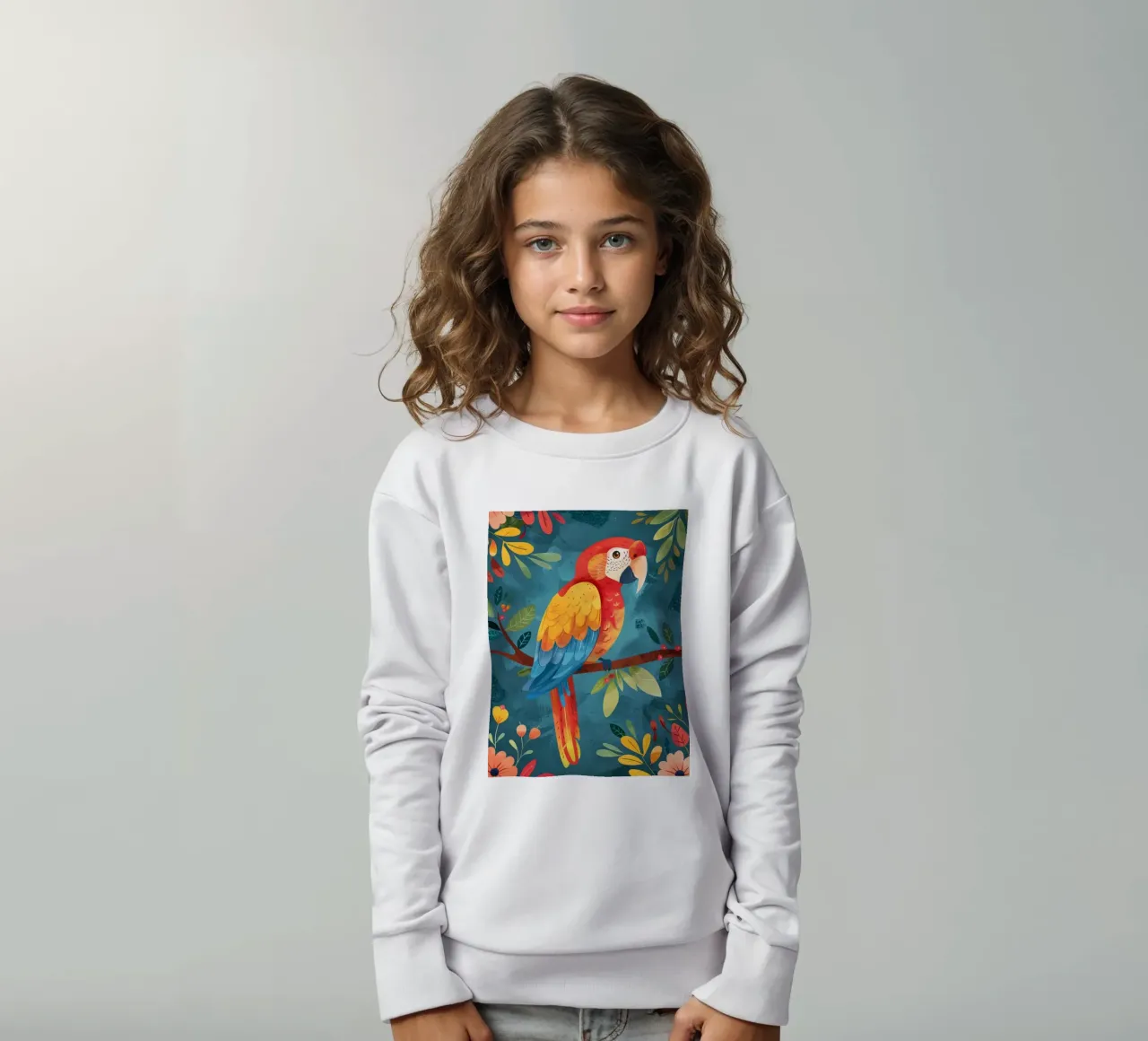 Ara colorata appollaiata su un ramo tra il fogliame lussureggiante felpa bambino da DesignDoodle