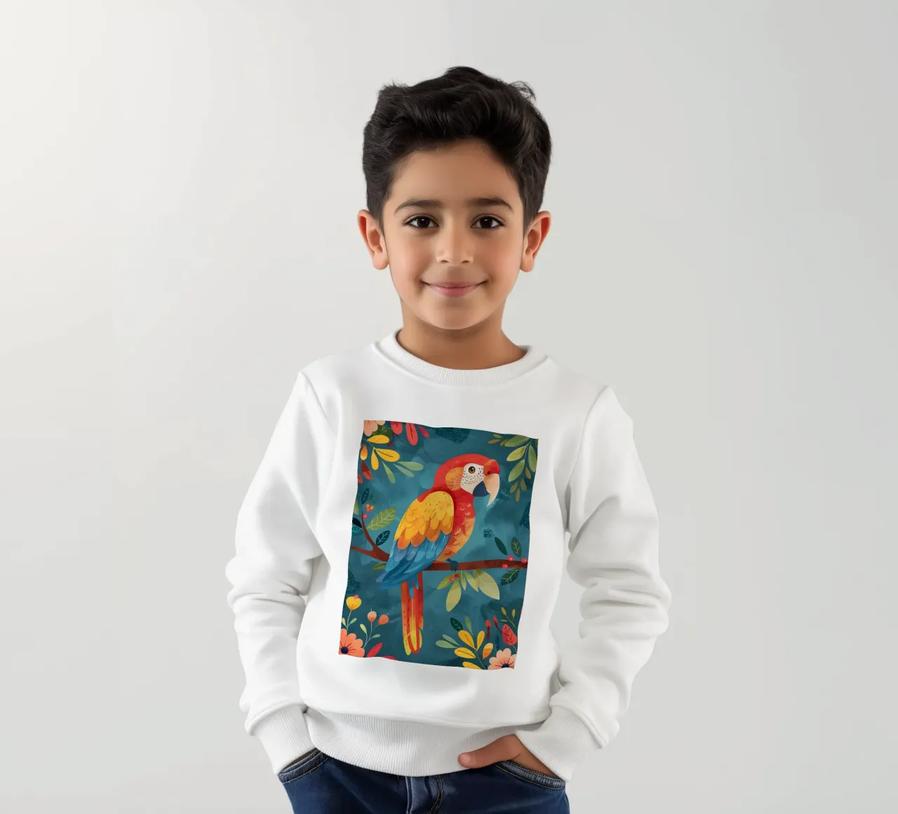 Ara colorata appollaiata su un ramo tra il fogliame lussureggiante felpa bambino da DesignDoodle