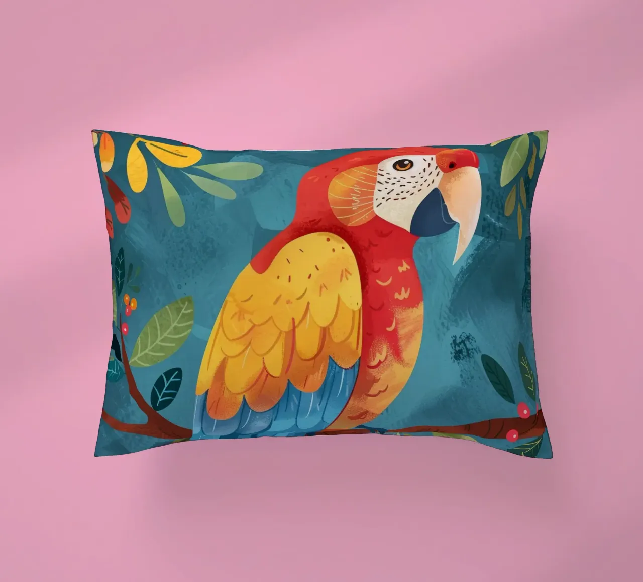 Ara colorata appollaiata su un ramo tra il fogliame lussureggiante cuscino da DesignDoodle