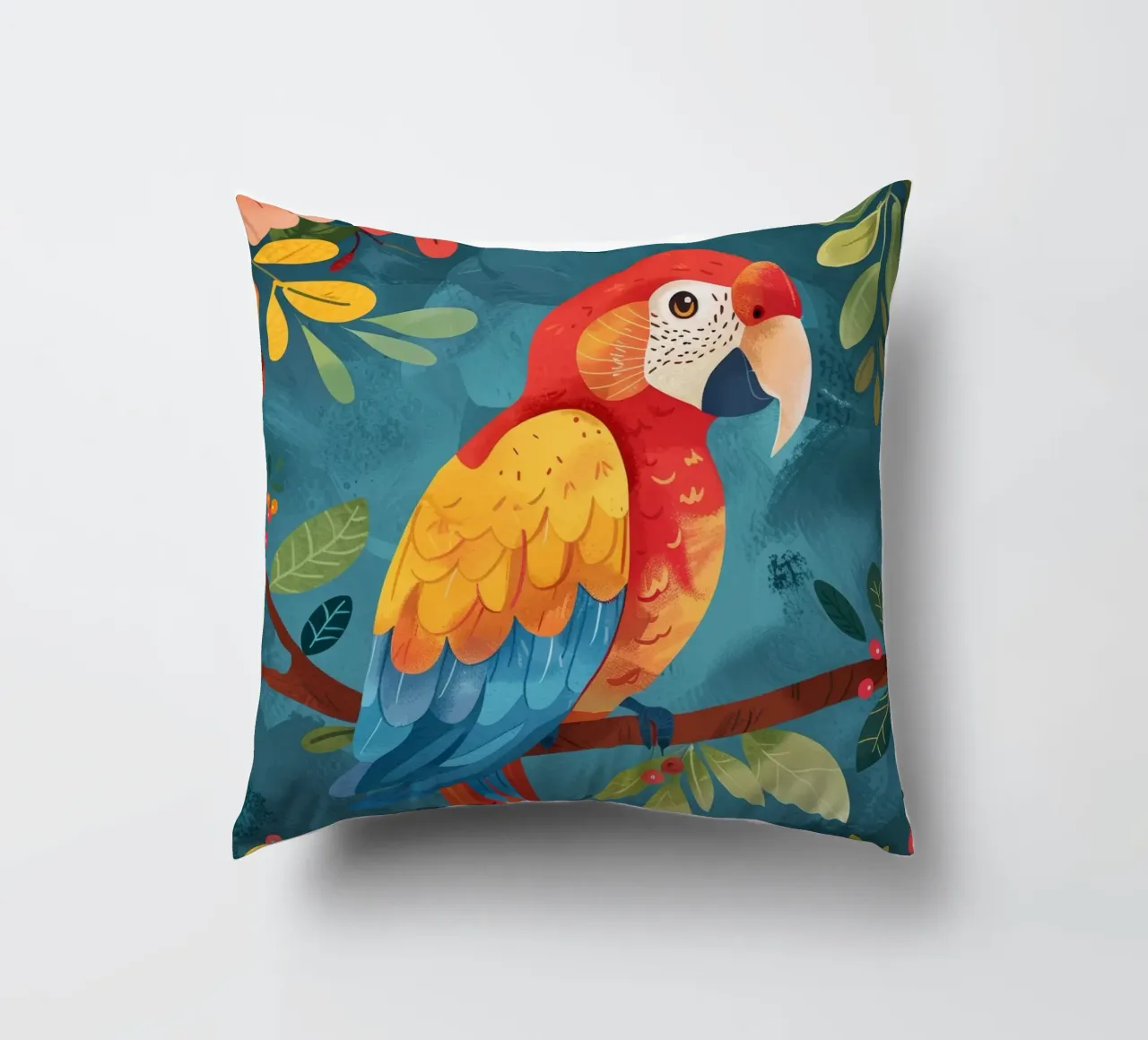 Ara colorata appollaiata su un ramo tra il fogliame lussureggiante cuscino da DesignDoodle