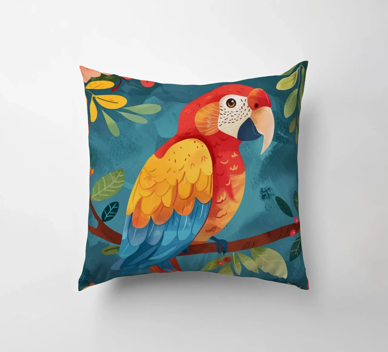 Ara colorata appollaiata su un ramo tra il fogliame lussureggiante cuscino da DesignDoodle