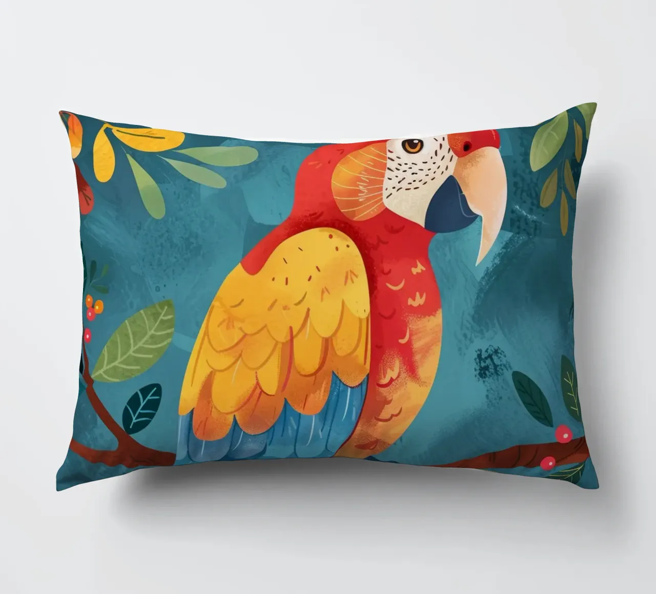 Ara colorata appollaiata su un ramo tra il fogliame lussureggiante cuscino da DesignDoodle