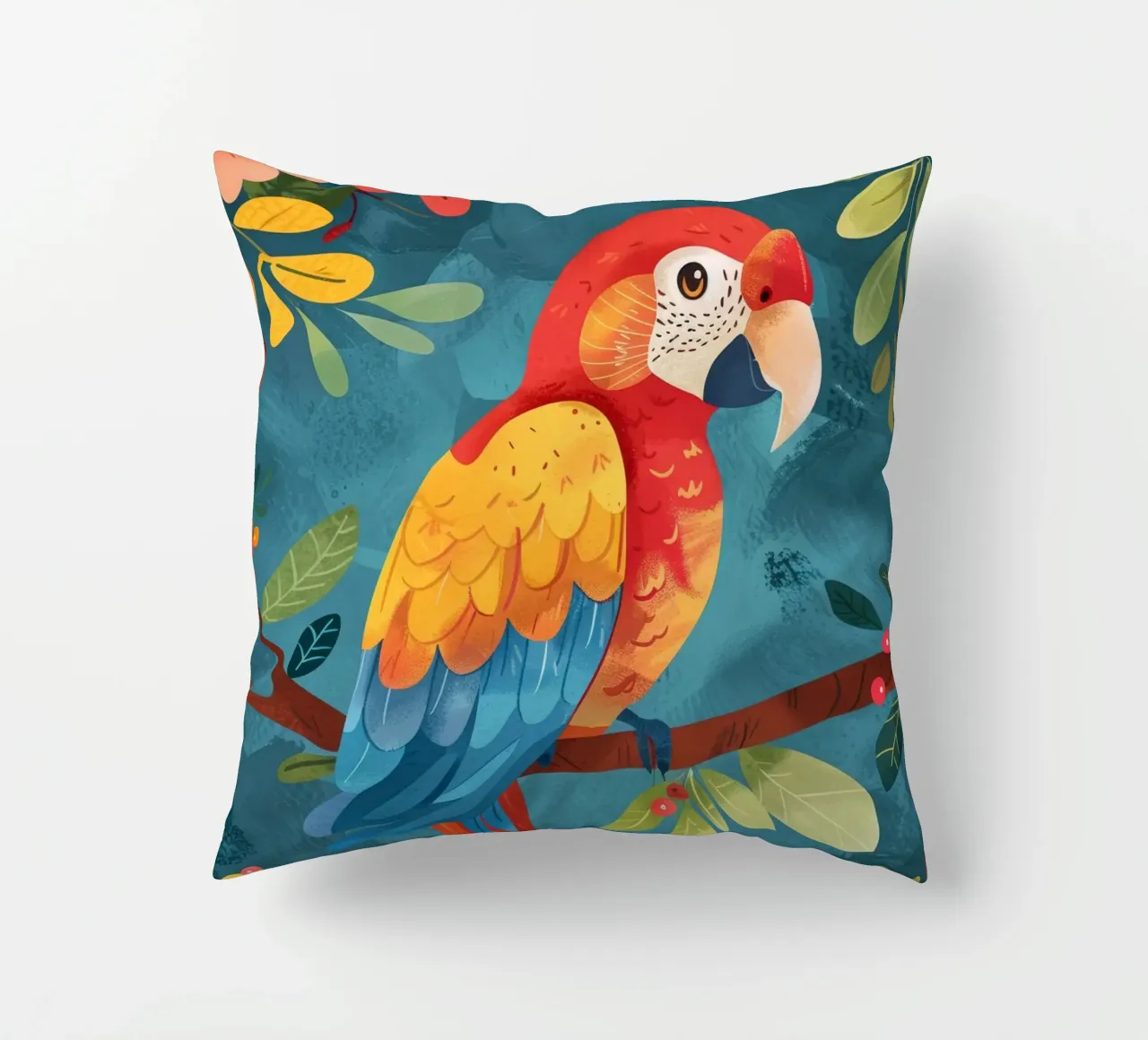 Ara colorata appollaiata su un ramo tra il fogliame lussureggiante cuscino da DesignDoodle