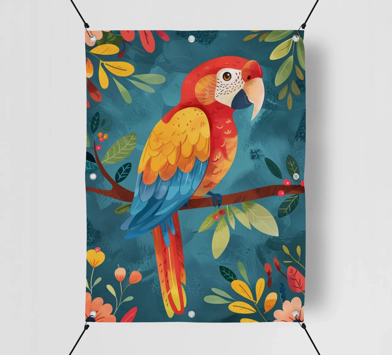 Ara colorata appollaiata su un ramo tra il fogliame lussureggiante telo in pvc da DesignDoodle