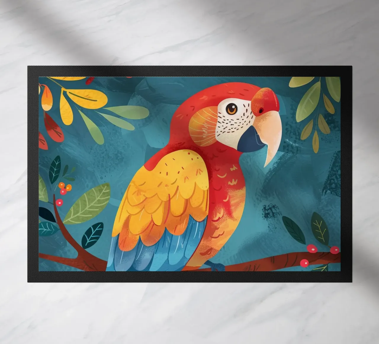 Ara coloré perché sur une branche au milieu d'un feuillage luxuriant paillasson de DesignDoodle