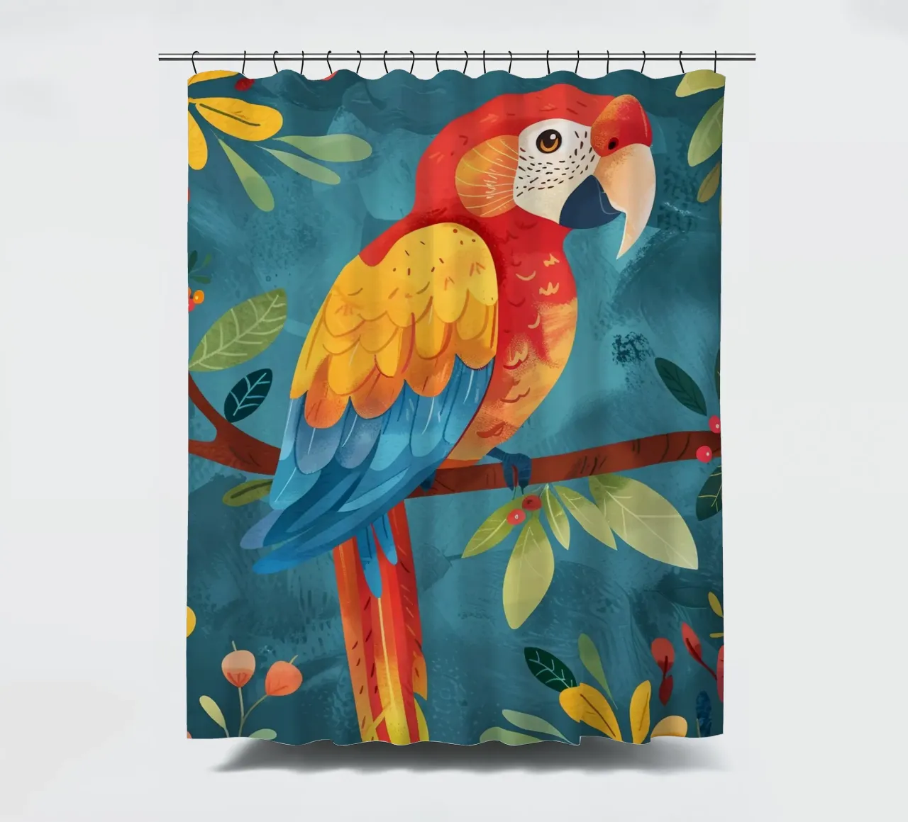 Bunter Ara auf einem Ast inmitten von üppigem Blattwerk Duschvorhang von DesignDoodle