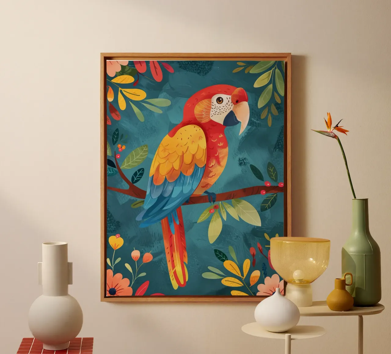 Colorful macaw perched on a branch among lush foliage canvas by DesignDoodle