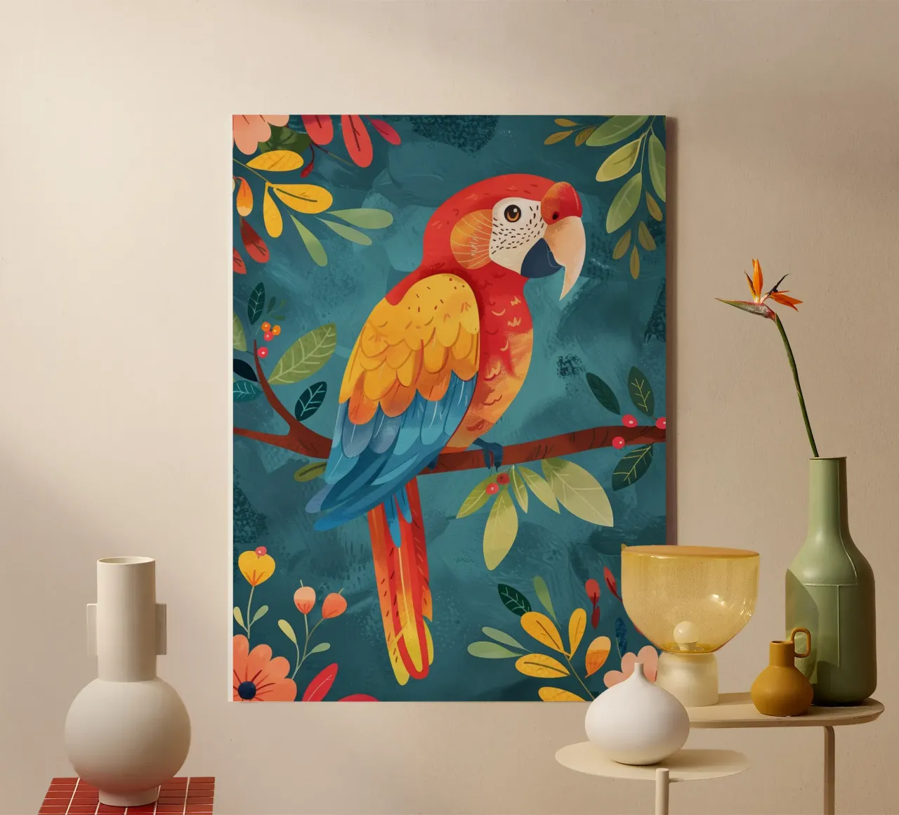 Colorful macaw perched on a branch among lush foliage canvas by DesignDoodle