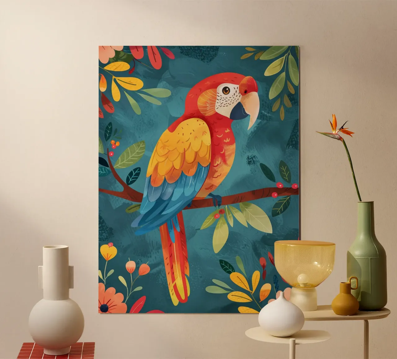 Colorful macaw perched on a branch among lush foliage hahnemühle by DesignDoodle