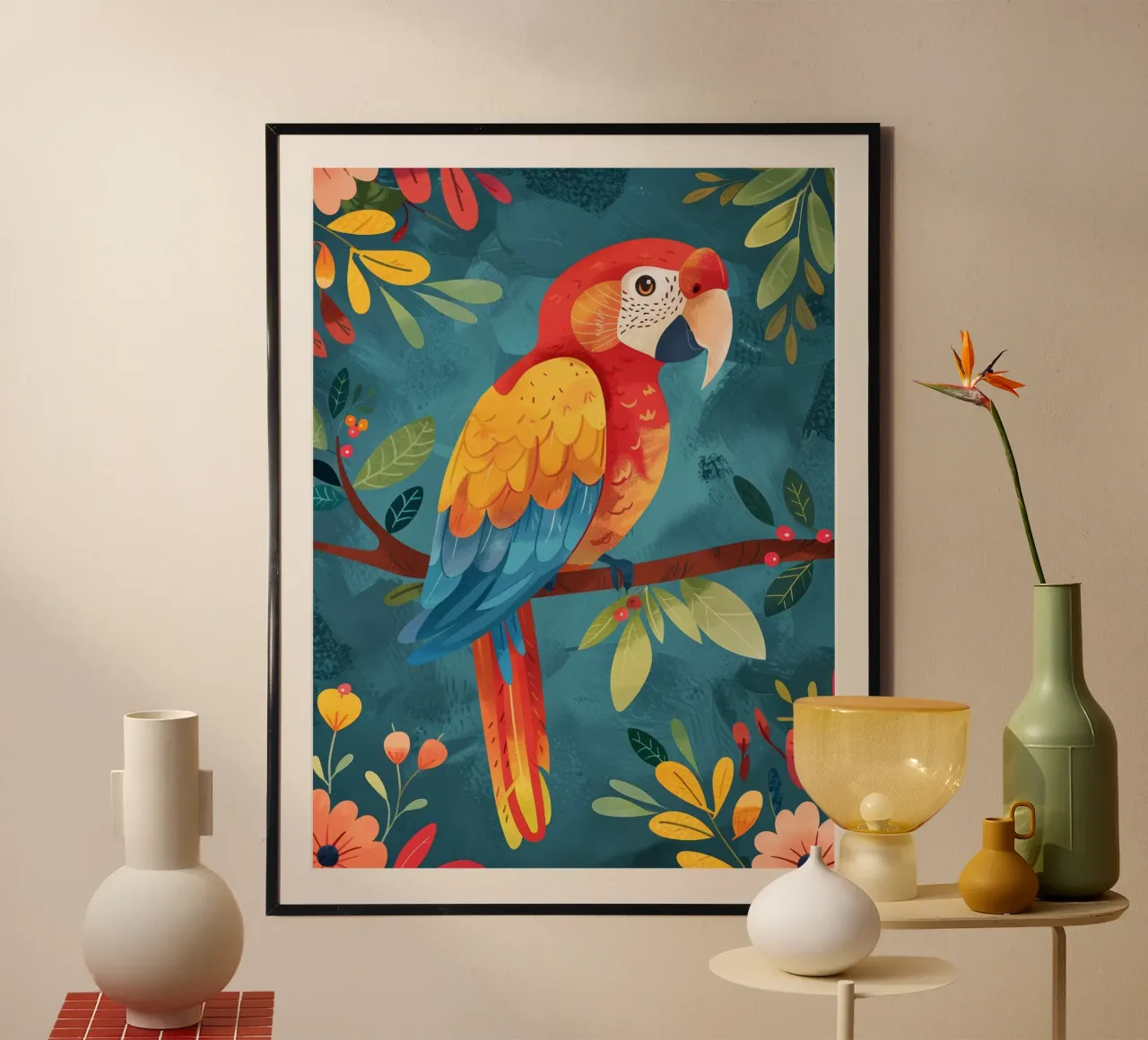 Colorful macaw perched on a branch among lush foliage hahnemühle by DesignDoodle
