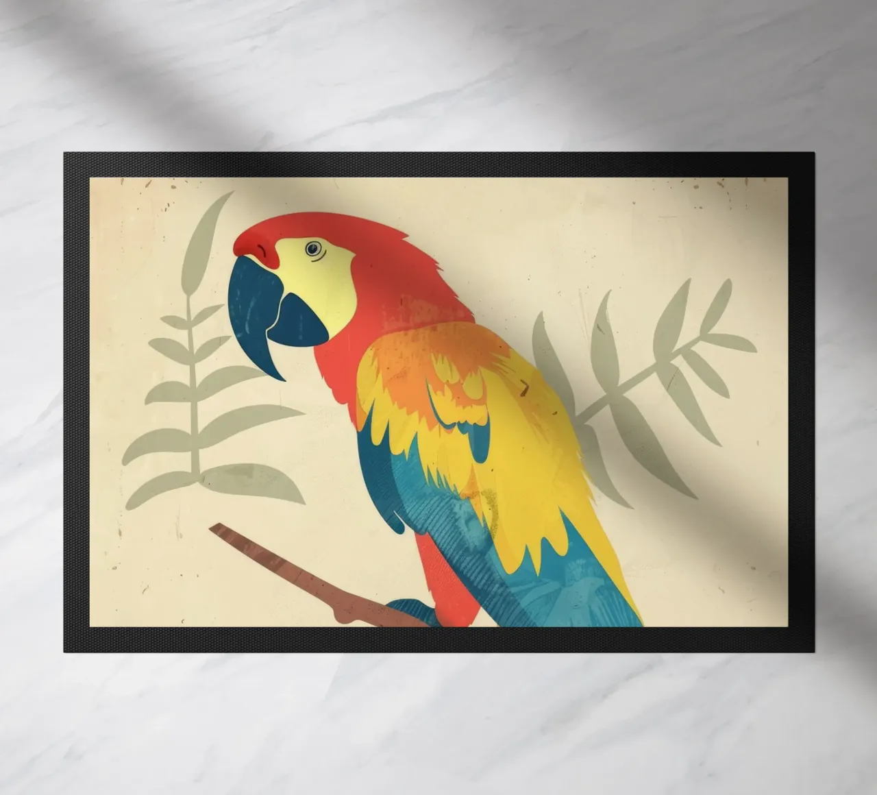 Pappagallo luminoso appollaiato su un ramo circondato da una sottile folia zerbino da DesignDoodle