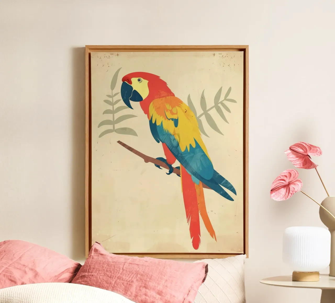 Bright parrot perched on a branch surrounded by subtle folia canvas with Floater frame by DesignDoodle
