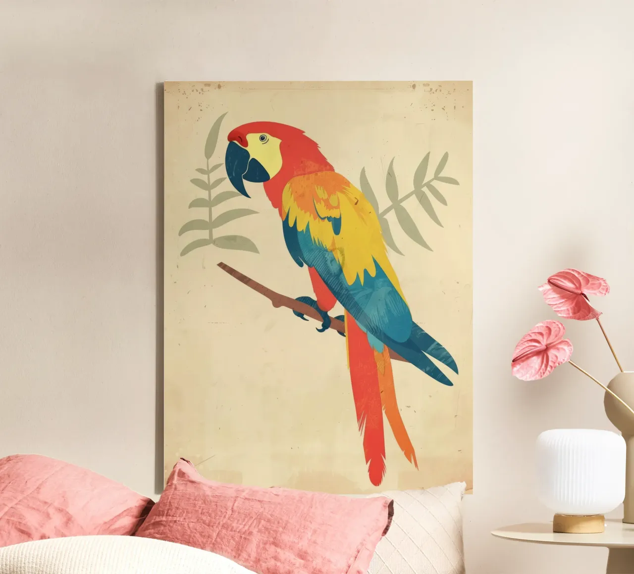 Bright parrot perched on a branch surrounded by subtle folia canvas with Floater frame by DesignDoodle