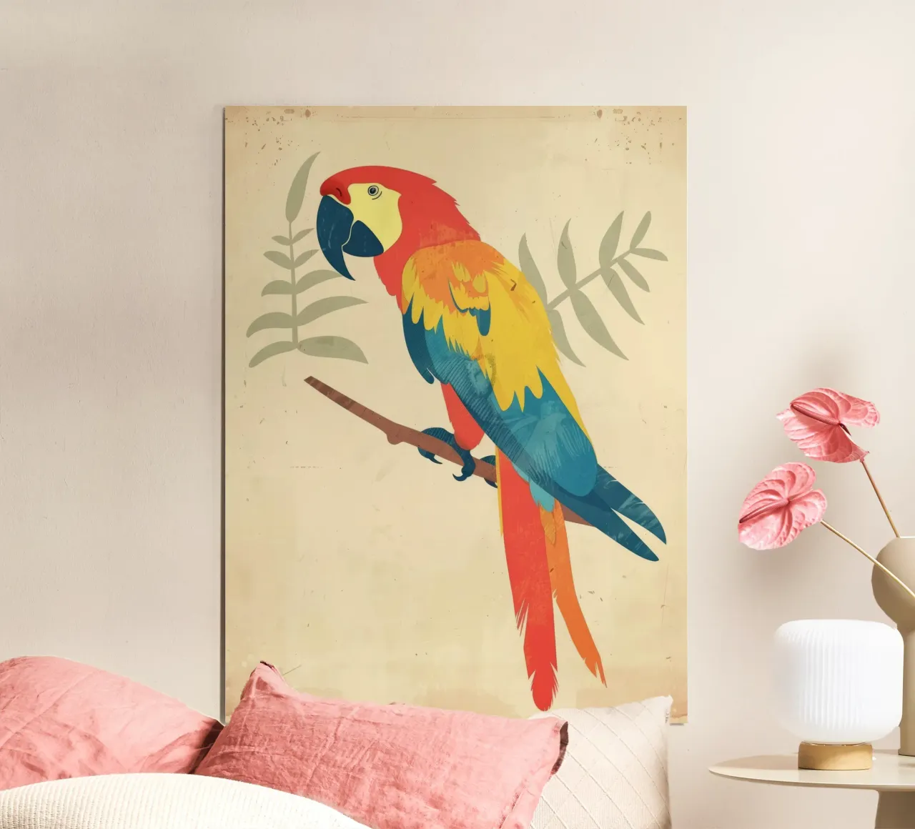 Bright parrot perched on a branch surrounded by subtle folia hahnemühle by DesignDoodle