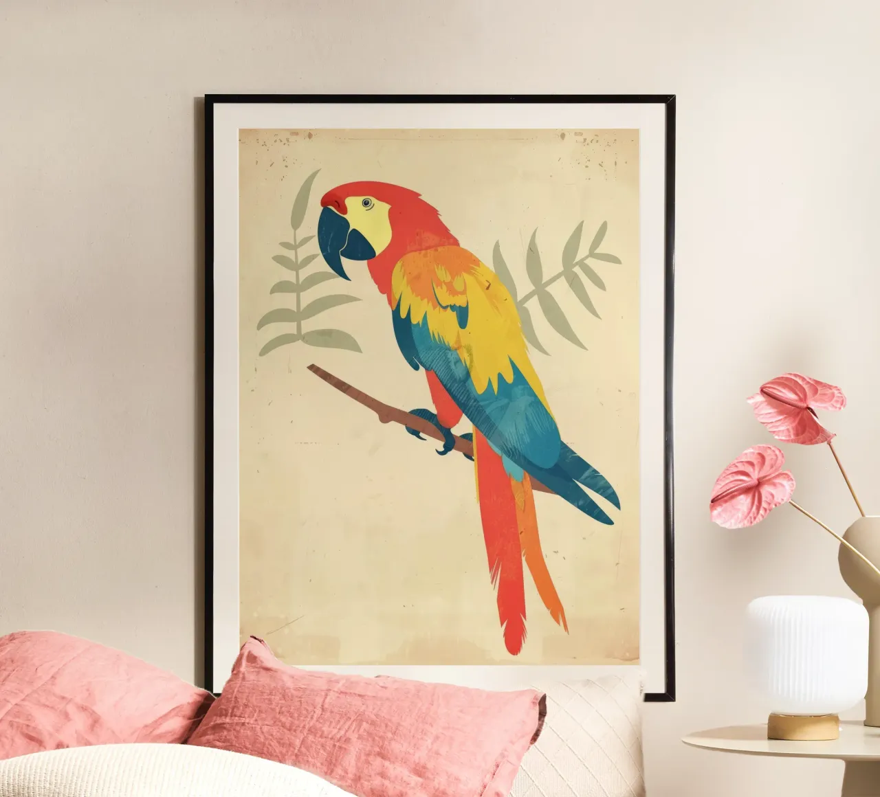 Bright parrot perched on a branch surrounded by subtle folia hahnemühle by DesignDoodle