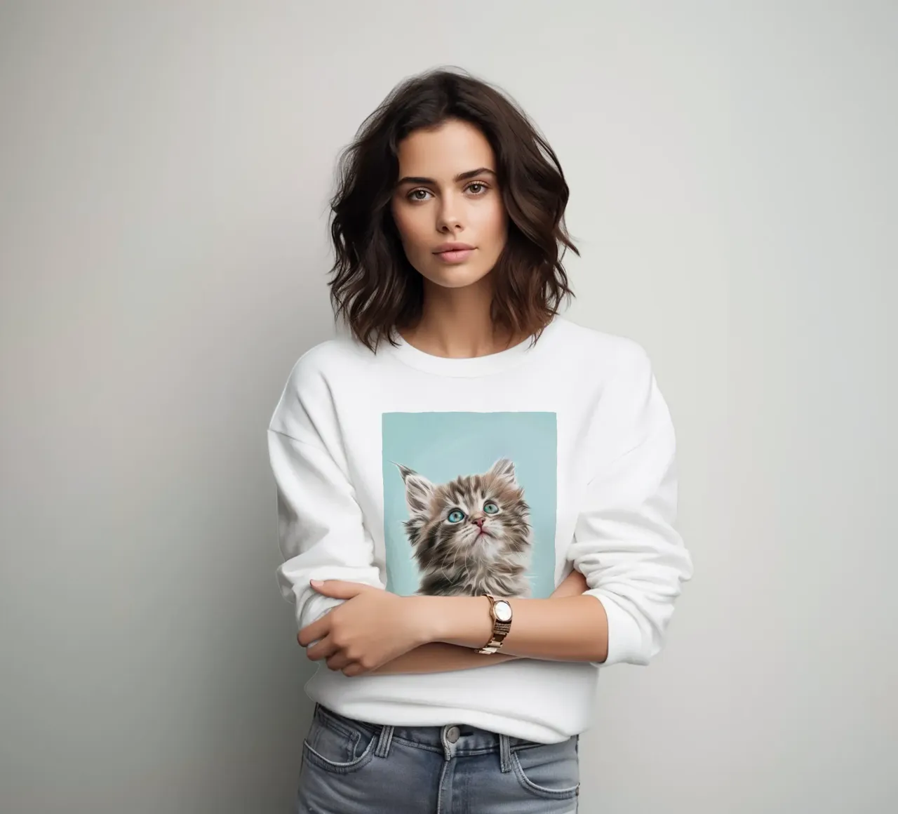 Entzückendes flauschiges Kätzchen, das mit auffallend blauen Augen nach oben blickt Sweatshirt von DesignDoodle