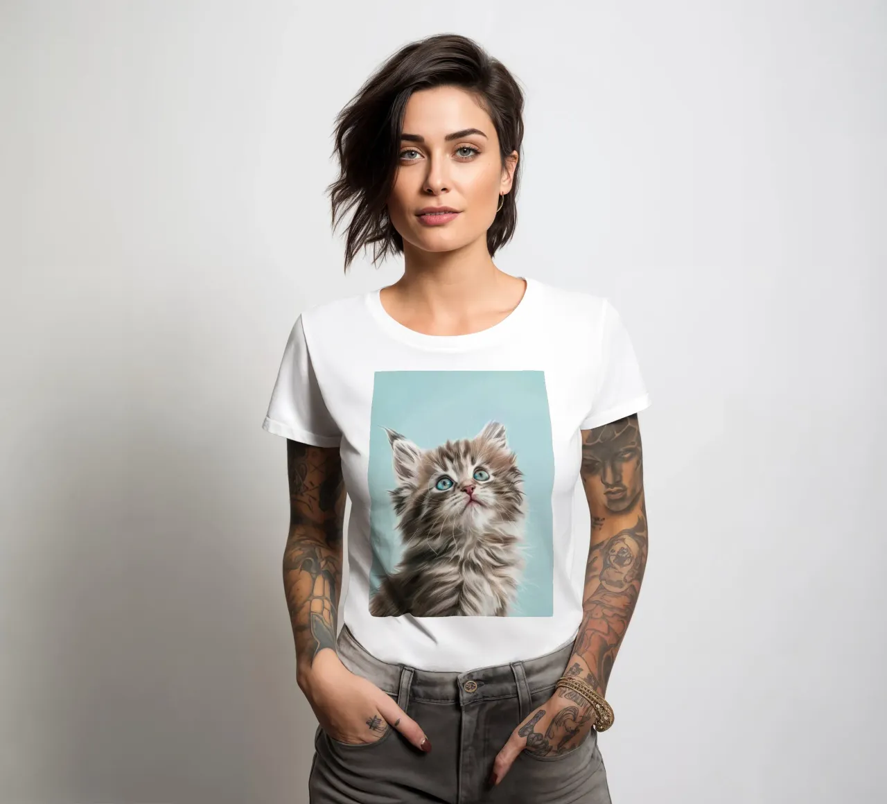 Adorable fluffy kitten gazing upward with striking blue eyes women's fitted t-shirt by DesignDoodle