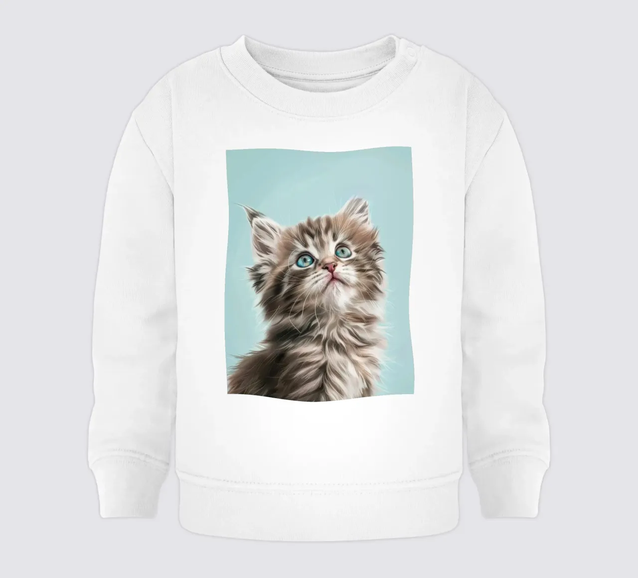 Adorable fluffy kitten gazing upward with striking blue eyes baby sweatshirt by DesignDoodle