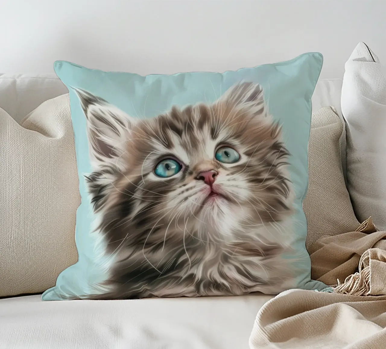 Adorable fluffy kitten gazing upward with striking blue eyes decorative cushion by DesignDoodle