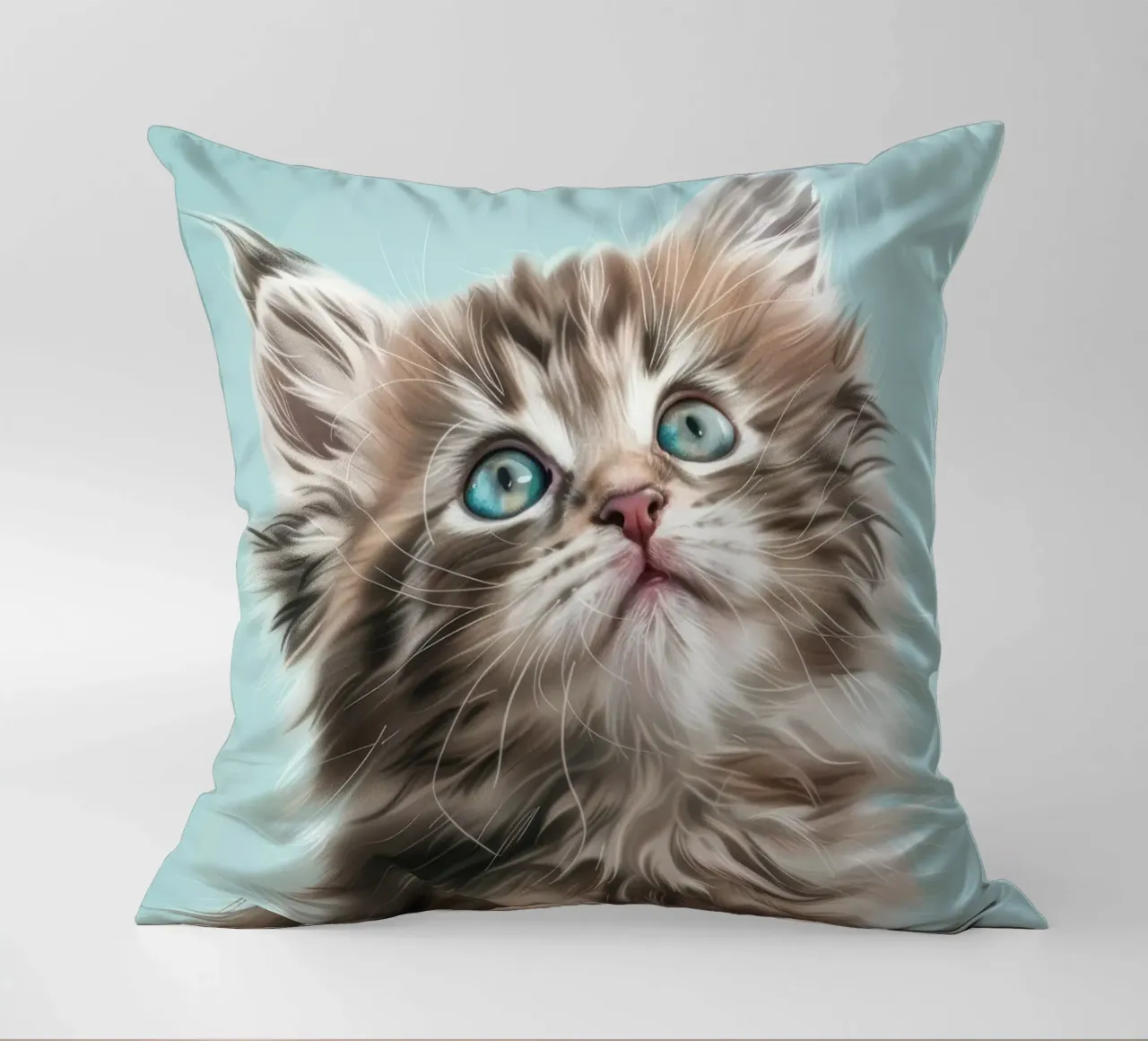 Adorable fluffy kitten gazing upward with striking blue eyes decorative cushion by DesignDoodle
