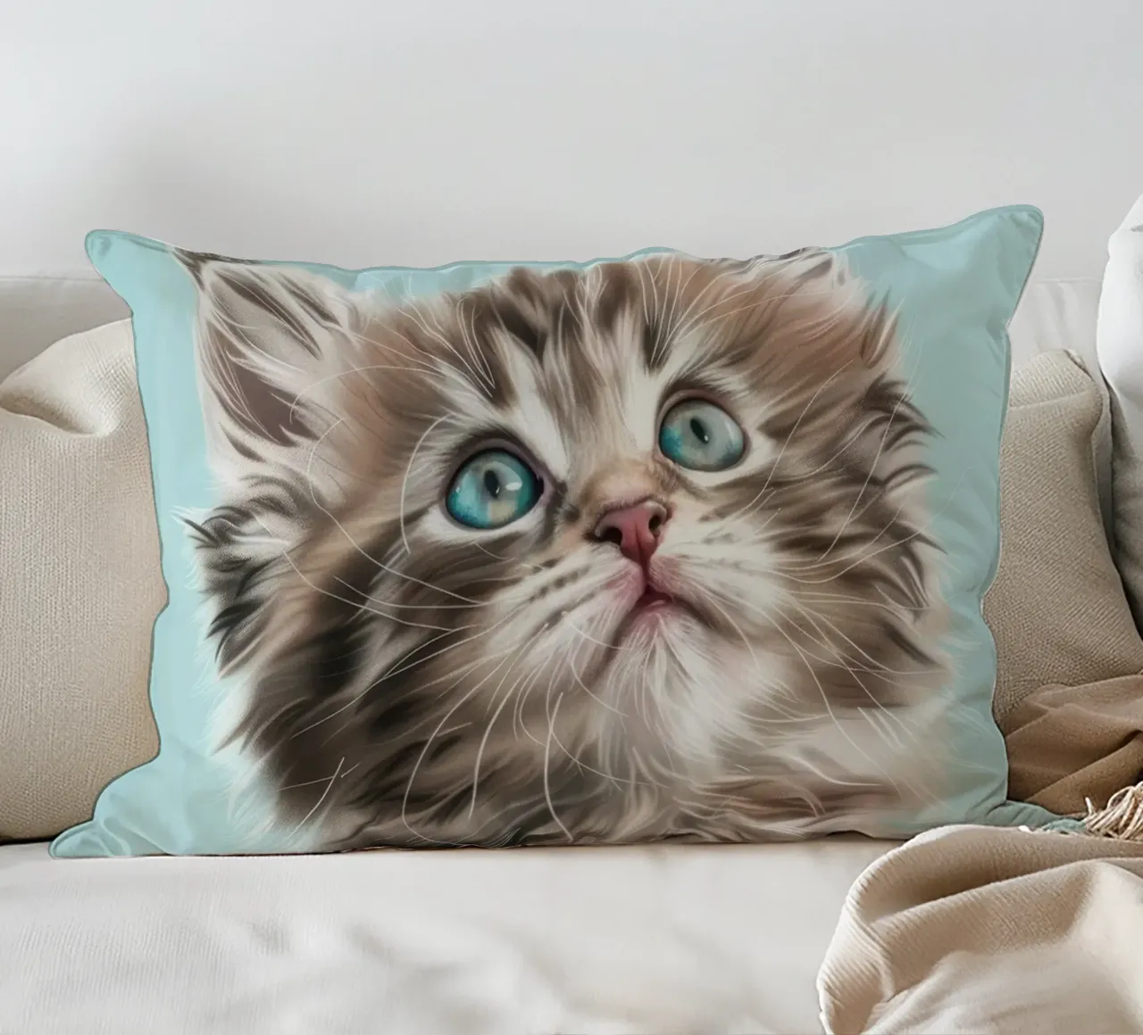 Adorable fluffy kitten gazing upward with striking blue eyes decorative cushion by DesignDoodle