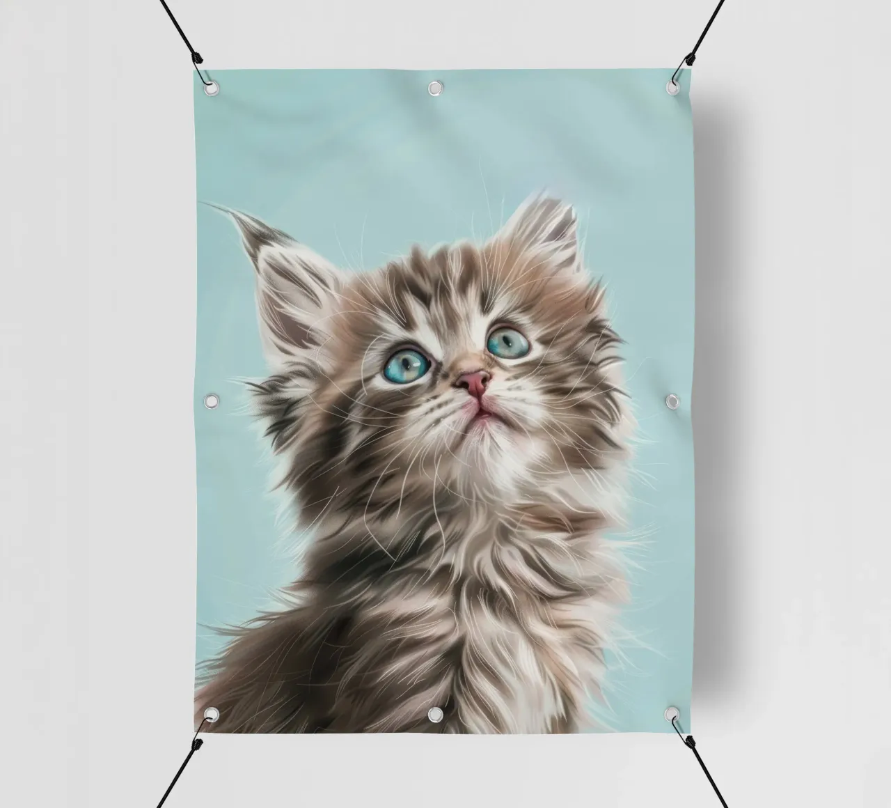 Entzückendes flauschiges Kätzchen, das mit auffallend blauen Augen nach oben blickt PVC Plane von DesignDoodle