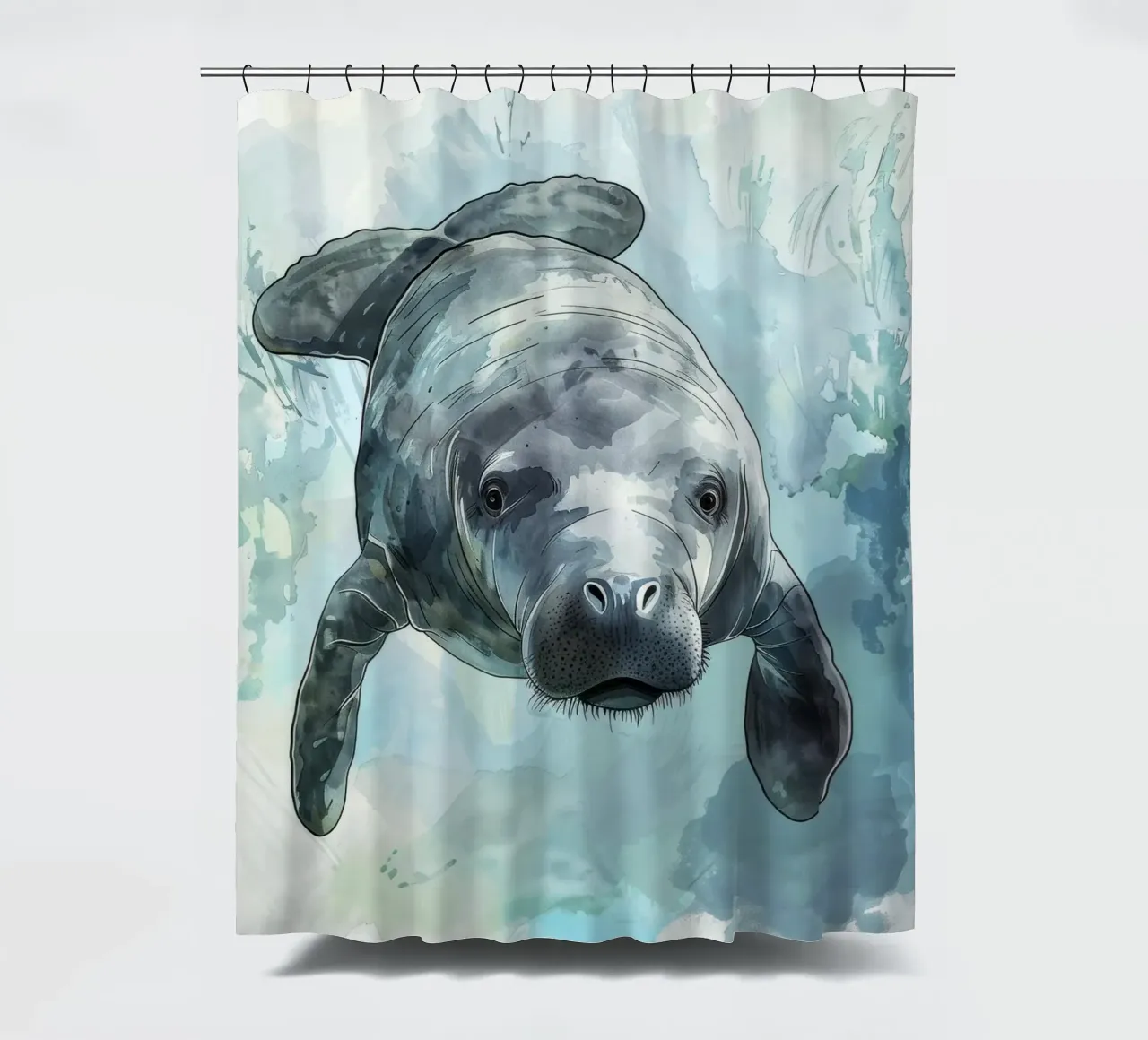 Seekuh schwimmt anmutig unter Wasser in einem natürlichen Gewässer Duschvorhang von DesignDoodle