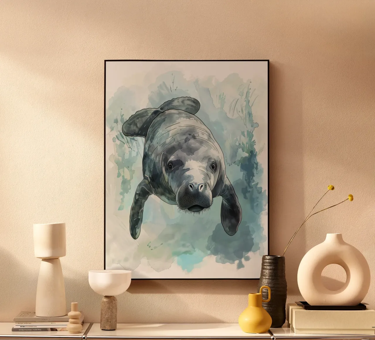 Seekuh schwimmt anmutig unter Wasser in einem natürlichen Gewässer Alu-Dibond von DesignDoodle