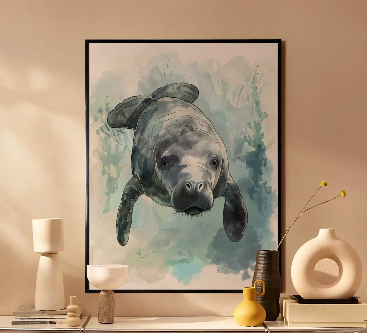 Seekuh schwimmt anmutig unter Wasser in einem natürlichen Gewässer Hahnemühle von DesignDoodle