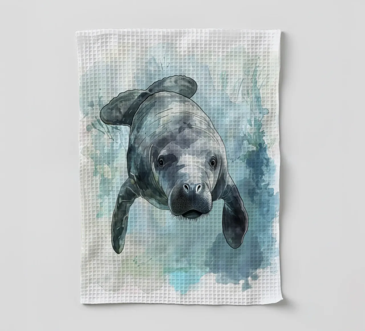Seekuh schwimmt anmutig unter Wasser in einem natürlichen Gewässer Geschirrtuch von DesignDoodle