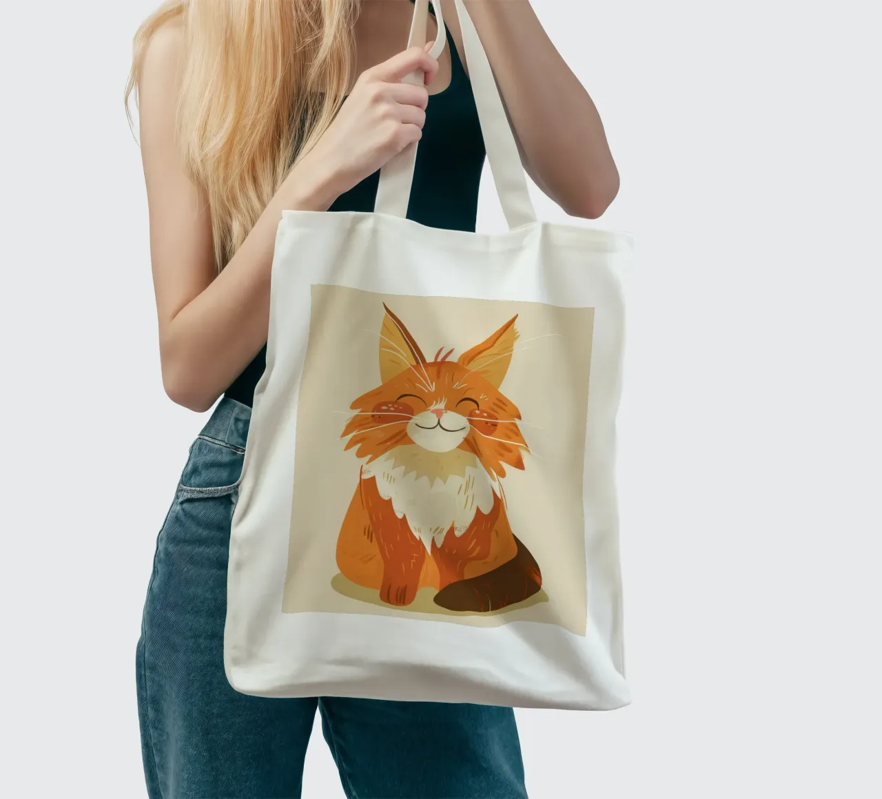 Simpatico gatto arancione con un'espressione allegra, occhi chiusi borsa in juta da DesignDoodle