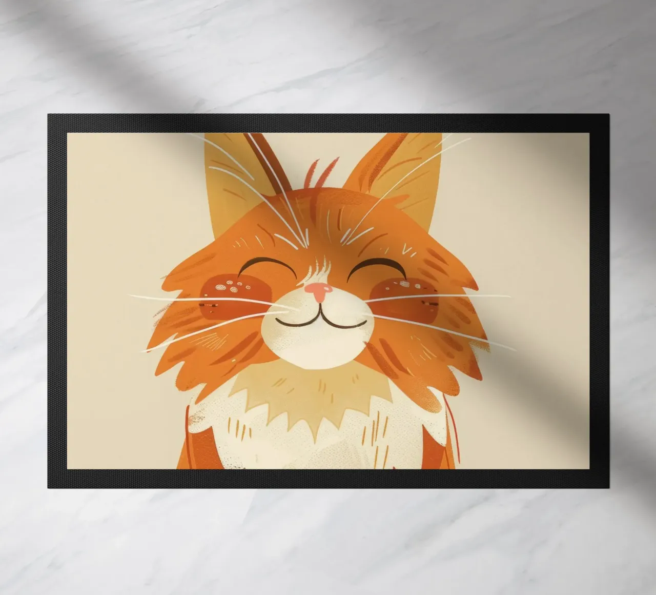 Simpatico gatto arancione con un'espressione allegra, occhi chiusi zerbino da DesignDoodle