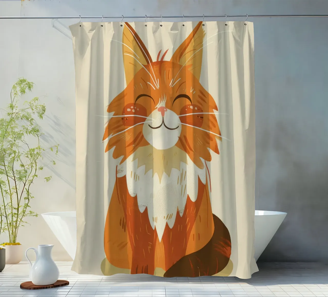 Simpatico gatto arancione con un'espressione allegra, occhi chiusi tenda da doccia da DesignDoodle