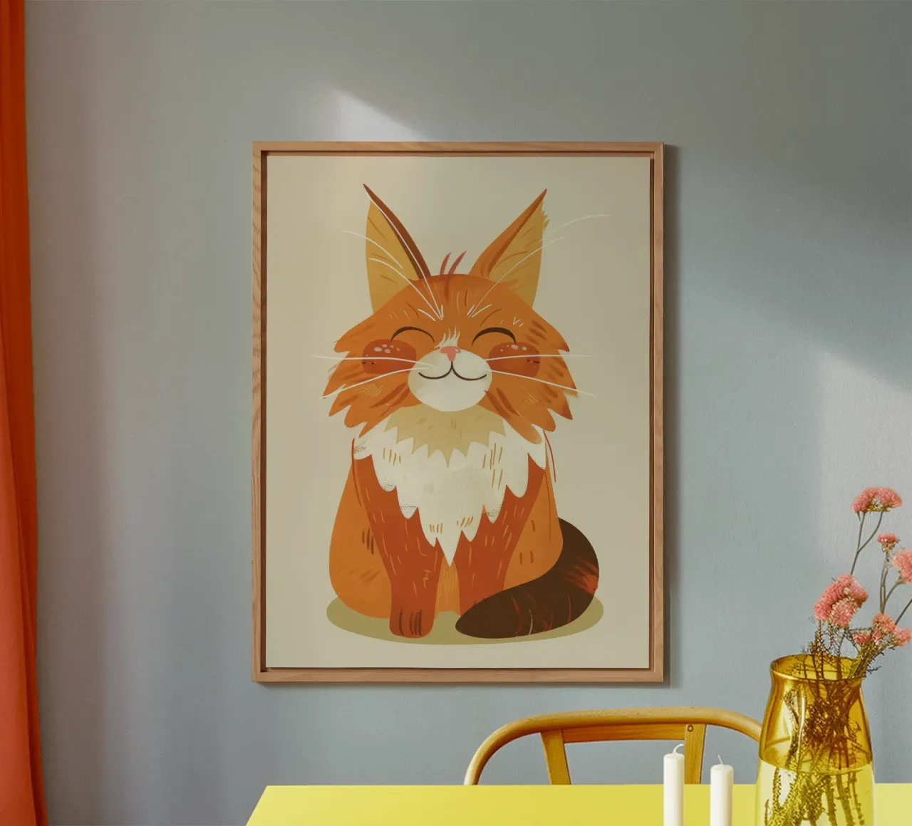 Simpatico gatto arancione con un'espressione allegra, occhi chiusi alluminio dibond da DesignDoodle