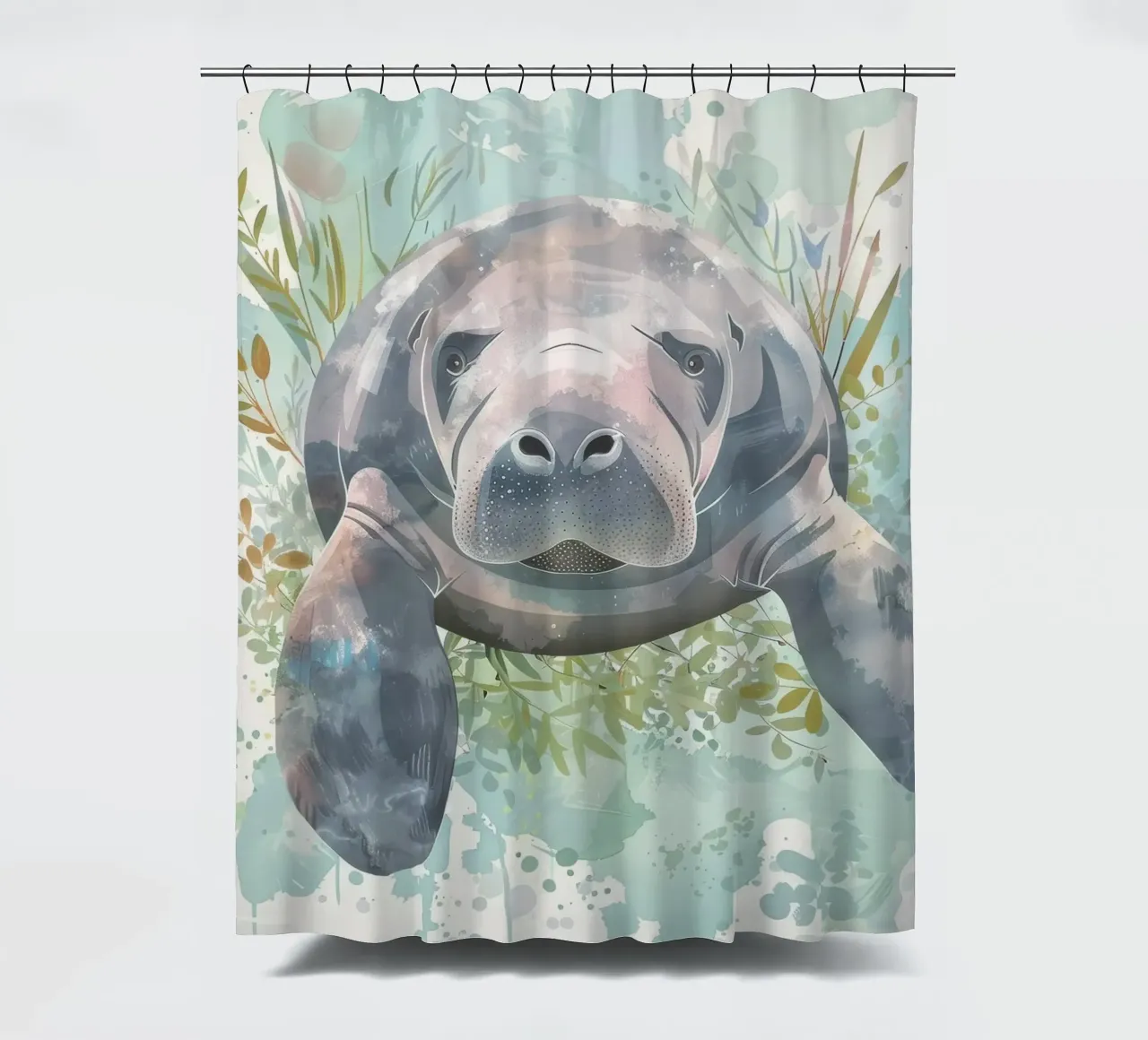 Seekuh schwimmt anmutig unter Wasser in einem natürlichen Gewässer Duschvorhang von DesignDoodle